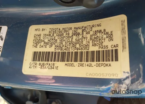 2012 Toyota Corolla L z USA, uszkodzony, nr VIN 5YFBU4EE1CP048352